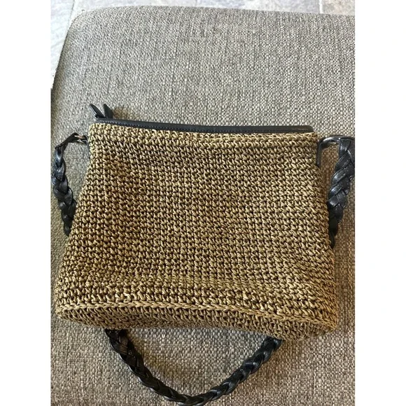 Vintage Brighton Straw Leather Heart Charm Shoulder Bag Women's Tan Black - Picture 7 of 13